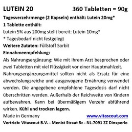 Lutein 20 II 360 Tablets of 10 mg – for 6 Months – No Magnesium Stearate – Made in Germany by VITASCOUT®