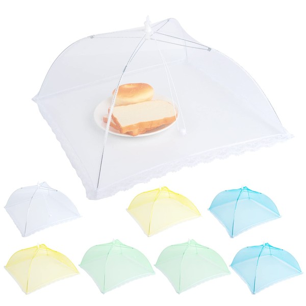ilauke 8 Pack Pop Up Mesh Food Cover Tent, 17 Inches Mesh Food Net Reusable and Collapsible Cover Umbrella Keep Out Flies, Bugs, Mosquitoes