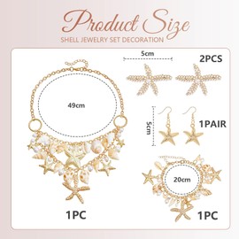 GlamRays Women's Mermaid Costume Jewellery Set, Mermaid Accessories with Starfish Shell Necklace Bangle Hair Clip Earrings (Gold), gold