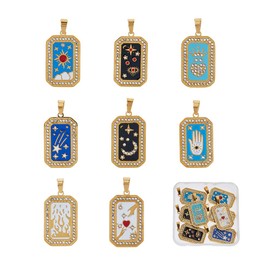 DICOSMETIC 8 Pieces 8 Designs 304 Stainless Steel Tarot Pendant Enamel Rhinestone Golden Tarot Pendant Rectangular Tarot Card Pendant for Jewellery Making 32 x 19.5 mm