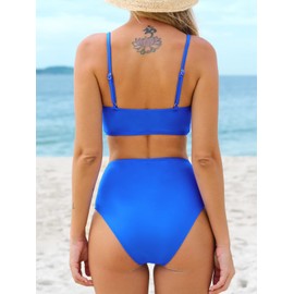 CUPSHE Women's Twist Front High Waisted Bikini Set V Neck Padded Two Pieces Bathing Suits Swimsuits Royal Blue M