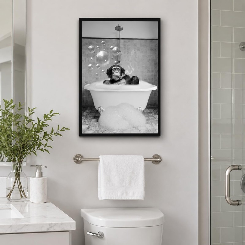 Framed Chimpanzee Bathroom Wall Art, Fun Black And White Monkey