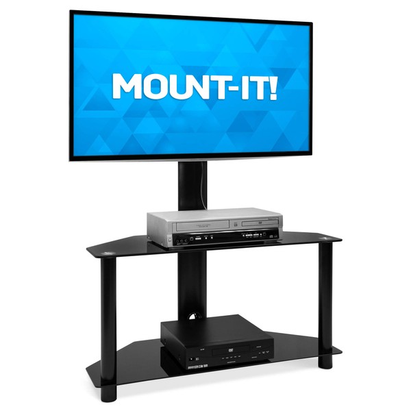 Mount-It! Floor TV Stand with Mount and Tempered Glass Shelves