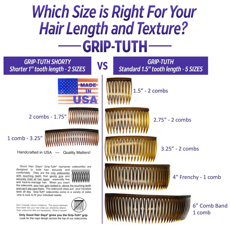 Good Hair Days Grip-Tuth Combs - 1 1/2" Side Combs,