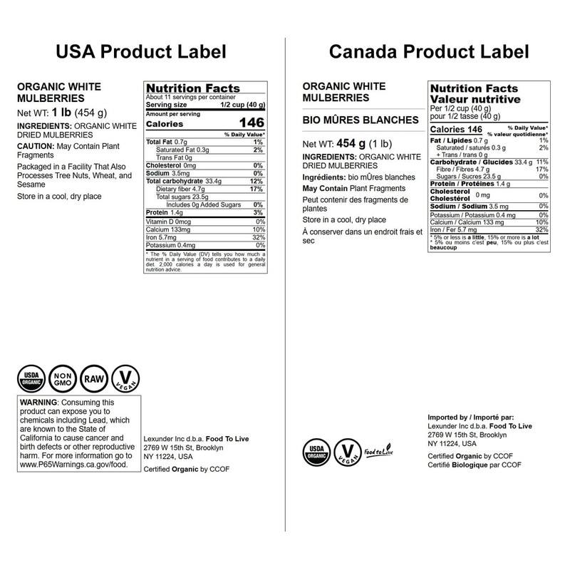 Food to Live Organic Dried White Mulberries, 1 Pound -