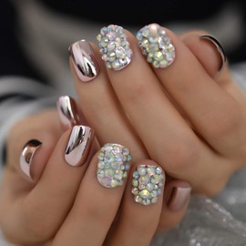 24pcs Metallic Mirror False Fake Nails With Design Short For Office Ladies Student Daily Wear, Full Cover 3D Bling Luxury Artificial Nails Press On Rhinestone Crystal For Wedding Bridal