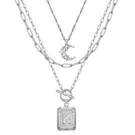 MJartoria Layered Initial Necklaces for Women Trendy, 14K Gold Plated Simple Moon Choker Square Letter Pendant Necklace, Paperclip Chain Necklace, Gold Necklaces Jewelry Gifts (Silver, K)