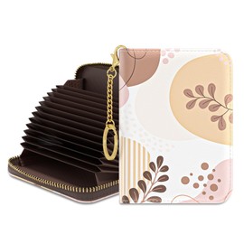 Rouidr Credit Card Holder for Women, Small Slim RFID Card Organizer Wallet with Zipper and Keychain, Tropical Leaf