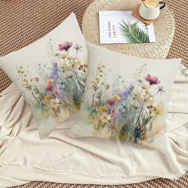AWJTNCQ Spring Summer Floral Throw Pillow Covers 18x18 Set of 2 Colorful Wildflower Outdoor Pillows Cover Watercolor Flowers Rustic Farmhouse Linen Decorative Cushion Case for Couch Bed Decor