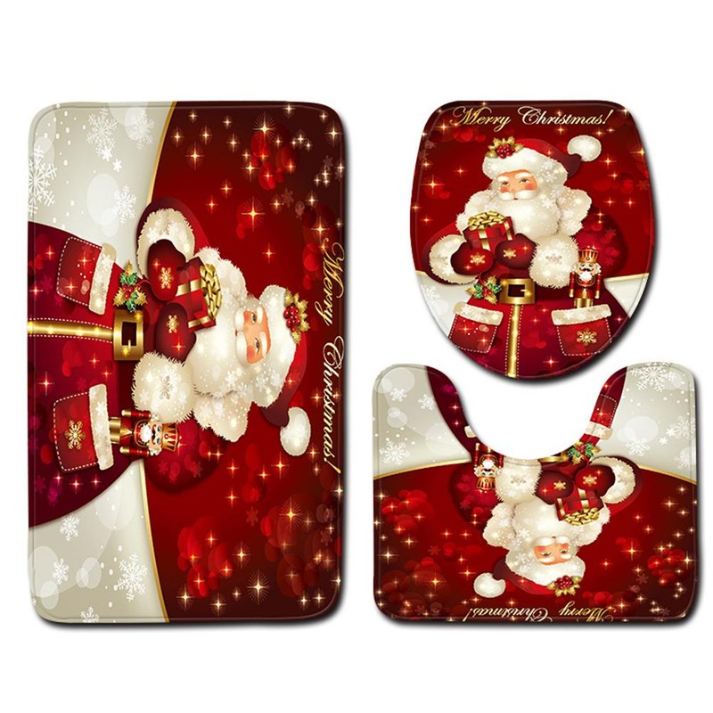3Pcs Christmas Mat Sets Santa Claus Non Slip Mat Bathroom