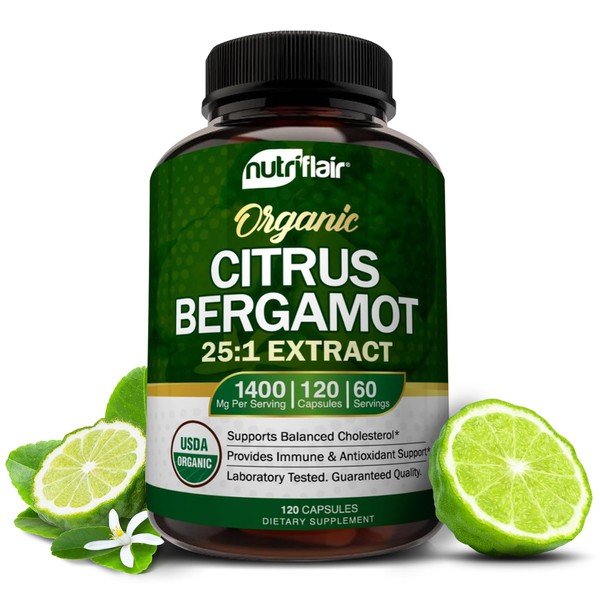 NutriFlair Organic Citrus Bergamot 1400mg, 120 Capsules - 25:1 Citrus Bergamia - Essential Oil and Citrus Bioflavonoids - Natural Heart Health Supplements for Women and Men - Non-GMO Pills