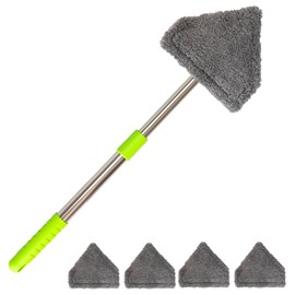 Car Windshield Squeegee Cleaning Tool - Vehicle Window Cleaner with 4 Reusable Washable Microfiber Pads, Telescoping Handle (13" - 16.7"), 180° Rotatable for Both Interior and Exterior Car Glass.