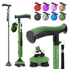 BeneCane Walking Cane for Men & Women Walking Stick for Seniors Folding Canes Quad Cane Adjustable Lightweight Sturdy Collapsible Heavy Duty with Soft TPR T-Handle and Travel Bag