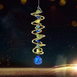 FONMY Gazing Ball Spiral Tail -Decorative Wind Spinner Sun Catcher Rainbow Maker Golden Double-Spiral W/Sea Blue Crystal Ball and Chain Crystals Beads for Indoor Outdoor Garden Decoration -14 inch H