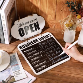 Business Hours Hanging Board Open Closed Sign Welcome Chalkboards Wooden Double Sided Restaurant Door Sign with Erasable Blackboard Pen for Florist Cafe Store Restaurant (White)