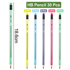 Magrimaxio Pack of 30 HB Pencils, Wooden Pencils Set, Pencil with Eraser, Pencils Children Non-Slip, Triangular Multicoloured, Graphite Pencil for Writing Aid from School Office