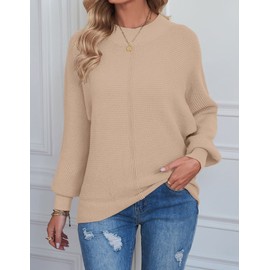 TECREW Womens Long Sleeve Crew Neck Ribbed Knit Solid Color Cozy Pullover Sweater Top, Khaki, Medium