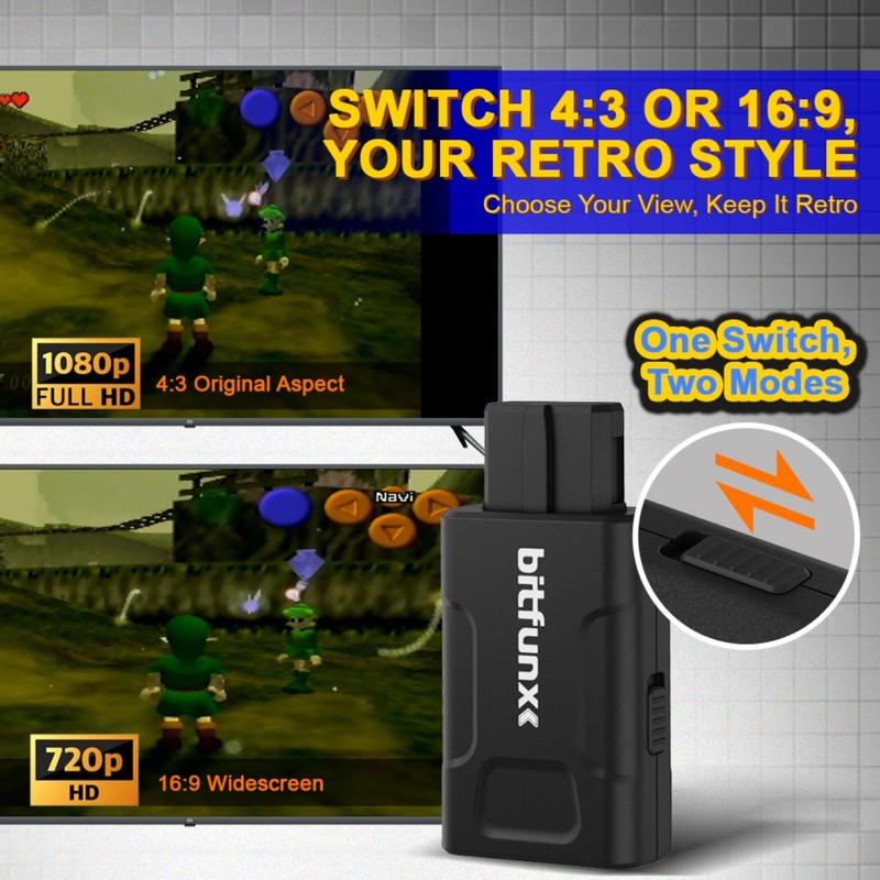 BITFUNX N64 HDMI Adapter - Supports 16:9/4:3 Switch, Mini 720P/1080P