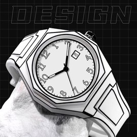 Fashionable Men's Watch, 3D Sketch Art Design with calendar,Silicone Case & Band, Analog Display, Battery-Operated Modern Creative Leisure - Color: White