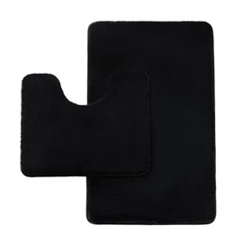 VELVETIO Bath Mat Sets Ultra Soft for Bathroom, Anti Slip Shaggy Faux Fur Pedestal Mat Toilet Rug, Water Absorbent Quickly Dry Fluffy Bath Rugs, Black