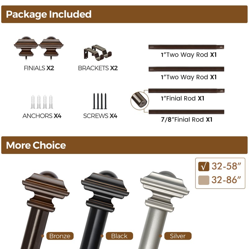 KAMANINA 1 Inch Curtain Rod 32 to 58 Inches (2.6-4.8ft),