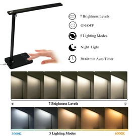 LED Desk Lamp Dimmable Table Lamp with USB Charging Port,5 Lighting Modes,7 Brightness,Sensitive Control, 30/60 min Auto Timer,Night light,Foldable Portable Desk Light for Home Office Bedroom Reading