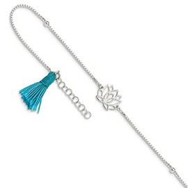 Bonyak Jewelry Sterling Silver Lotus w/Blue Fabric Tassel 9in Plus 1in ext. Anklet Charming