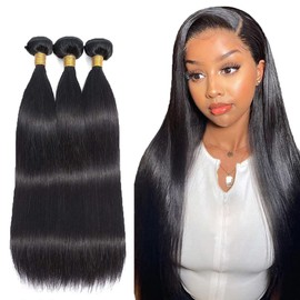 Zeslaerr Bundles Human Hair Extension #1b Natural Black Color Straight Human Hair Bundles 100% Unprocessed Glueless Human Hair Double Weft Weave For Women 3 Bundles Total 300g 30 30 30 Inch