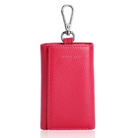 HOLLY TRIP Unisex Compact Premium Leather Key Case Wallet Keychain Key Holder Ring with 6 Hanging Buckle Hooks Snap Closure, Rose Red