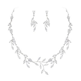 EVER FAITH Wedding Jewelry for Bride Bridesmaid, Bridal Sparkly Cubic Zirconia Pear-Shaped Birthstone Leaf Necklace Earrings Set for Women Clear Silver-Tone