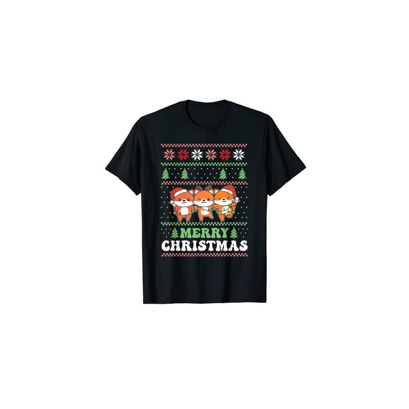 Merry Christmas Retro Ugly Christmas Fox T-Shirt, black