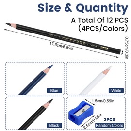 QMLING Pack of 12 Tailor's Chalk Pen, Sewing Chalk Fabric Chalk with Pencil Sharpener, Tailor's Chalk White Blue Black, Tailor's Chalk Pen for Dressmaking Notes Sewing Crafts (3 Colours)