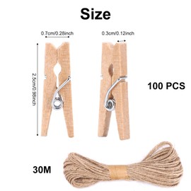 100 Pcs Mini Wooden Pegs, 2.5 cm Small Mini Pegs for Photos, Wooden Clothes Pegs with 30 M Jute String Suitable for Homeschool Arts and Crafts Decoration