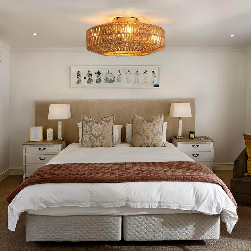 Bewishing 20'' Boho Gold-Colored Rattan Fandelier with Light & Remote
