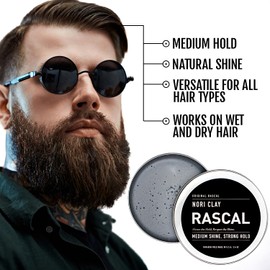Rascal Nori Clay - Hair Styling Clay for Medium Shine & Strong Hold, Cruelty-Free, Paraben-Free, Made in USA, Ideal for All Hair Types, Made with Charcoal Powder, Aloe Leaf Juice, & Beeswax - 3.4 Oz