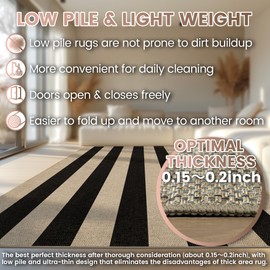 Washable Striped Easy Jute Runner Rug, 2x6 Black Boho Geometric Outdoor Indoor Patio Rug, Low Pile Lightweight Non Slip Neutral Long Runner Carpet Mat for Hallway Kitchen 6ft Entryway Porch Farmhouse