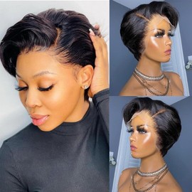QTIKER Pixie Cut Wig Human Hair Short Lace Front Wigs Human Hair for Black Women 13x4 Transparent Lace Front Wigs Straight Glueless Wigs human hair Pre Plucked With Baby Hair Natural Hairline 8 inch