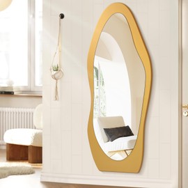 FEUFOAM Full Length Mirror Gold Wooden Full Body Mirrors 59"x24" Irregular Wavy Mirror Full Length Floor Mirror for Cloakroom Bedroom Living Room