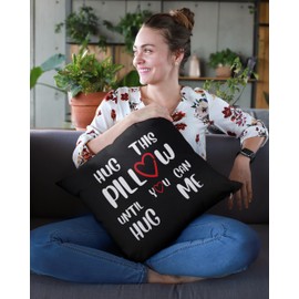 Hug This Pillow Until You Can Hug Me Throw Pillow Covers Decor, 18'' x 18'' Pillow case, Boyfriend Girlfriend Birthday Gifts，Long Distance Relationships Gifts, Valentine's Day Gifts (BLACK)
