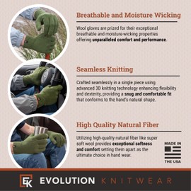 Evolution Knitwear Wool Knit Gloves - Super Soft Merino Wool - Made in the USA - Large - Moss Green