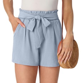 PrinStory Women's Summer Shorts in Solid Color Comfortable, Soft, Lightweight, and Loose Fitting. Beach Running Shorts Under The Clothing Belt (Grey Blue, L)