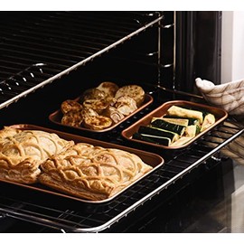 Cera Titanware One Shelf Baking Tray Set – 1 Large 18 x 24cm & 2 Small 9.8 x 16cm Carbon Steel Stackable Oven Trays with Non-Stick Coating – Copper Coloured Cooking Set