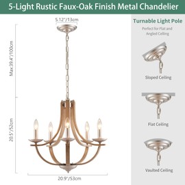 Avzkcy Farmhouse Candle Chandelier, 21 Inches Faux-Wood Grain Pendant Lighting Fixtures 5-Light Height Adjustable Hanging Ceiling Light for Dining Room Kitchen Island Bedroom Living Room