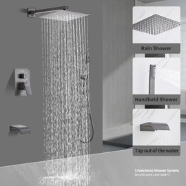 Shower Faucet Set Complete, Shower System with 12 inch Square Rainfall Shower Head 3-Function Handheld Shower Waterfall Bathtub Spout Rain Shower Combo Bathroom Wall Mounted fit All Valve Types