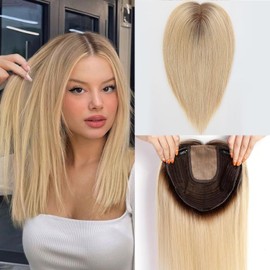 starluck 16 inch Hair Toppers for Women 9"*9" Large Base Ombre Light Blonde Real HumanHair No Bangs Hair Toppers for Women with ThinningHair Cover Grey Roots Add Volume
