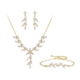 EVER FAITH Wedding Cubic Zirconia Jewelry Sets for Bride Bridesmaid, Sparkly Marquise Leaf Necklace Dangle Earrings Bracelet Set for Woman Clear 14K Gold-Tone