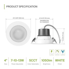 ASD 4 Inch Commercial Canless LED Downlight, Power Adjustable 7/10/13W Lighting, Round Dimmable Recessed Ceiling Light Fixture, 5 Color Temperatures 2700K-5000K, 120-277V IC Rated UL & Energy Star