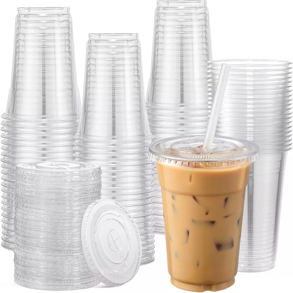 120 Sets - 16 Oz Clear Plastic Cups with Lids,