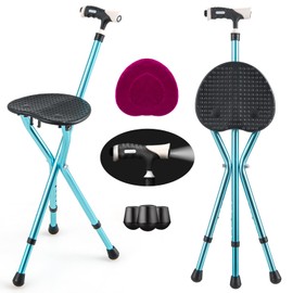 S AFSTAR Walking Cane with Seat, Height Adjustable Cane Chair with LED Light & Retractable 3 Legs, Portable Anti-Slip Seat Cane, Heavy Duty Walking Stick Chair for Seniors Elderly (Black)