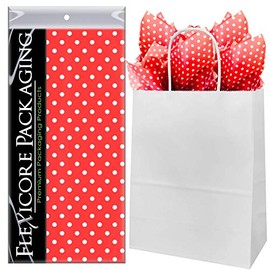 Flexicore Packaging White Kraft Paper Gift Bags & Red Gift Wrap Tissue Paper | Size: 8 Inch X 4.75 Inch X 10.5 Inch | Count: 5 Bags | Color: Red Polka Dot